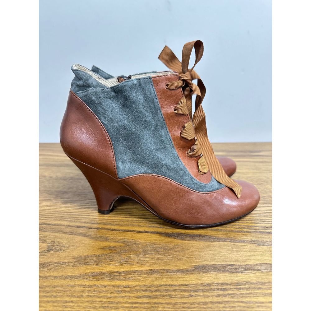 Giraudon New York Victorian Ankle Boots Women 38 Brown Grey Suede Ribbon Lace